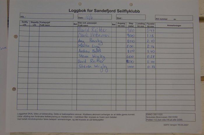 Notodden logsheet for Sunday 10th June